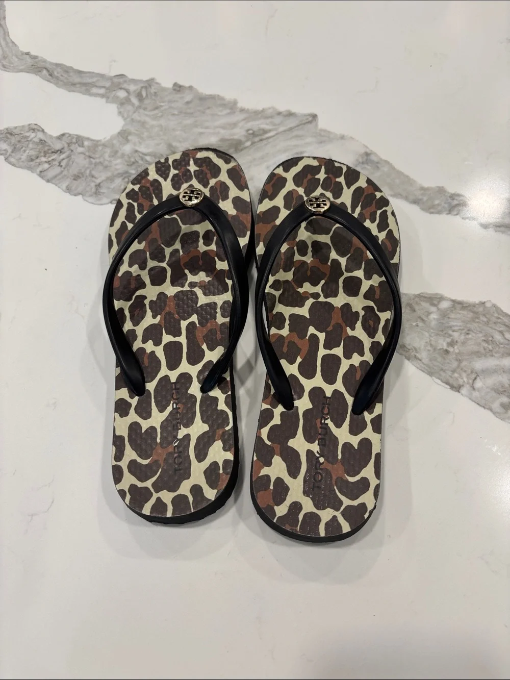 Tory Burch Leopard Print Flip Flop Sandals with Black Straps